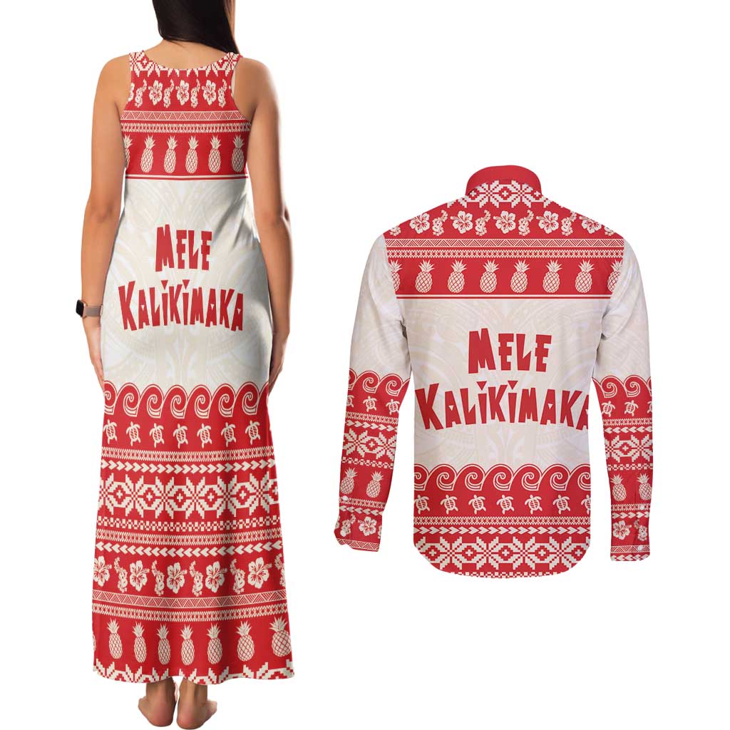 Red Mele Kalikimaka Hawaii Couples Matching Tank Maxi Dress and Long Sleeve Button Shirt Funny Ho Ho Ho Santa Shaka - Polynesian Pride