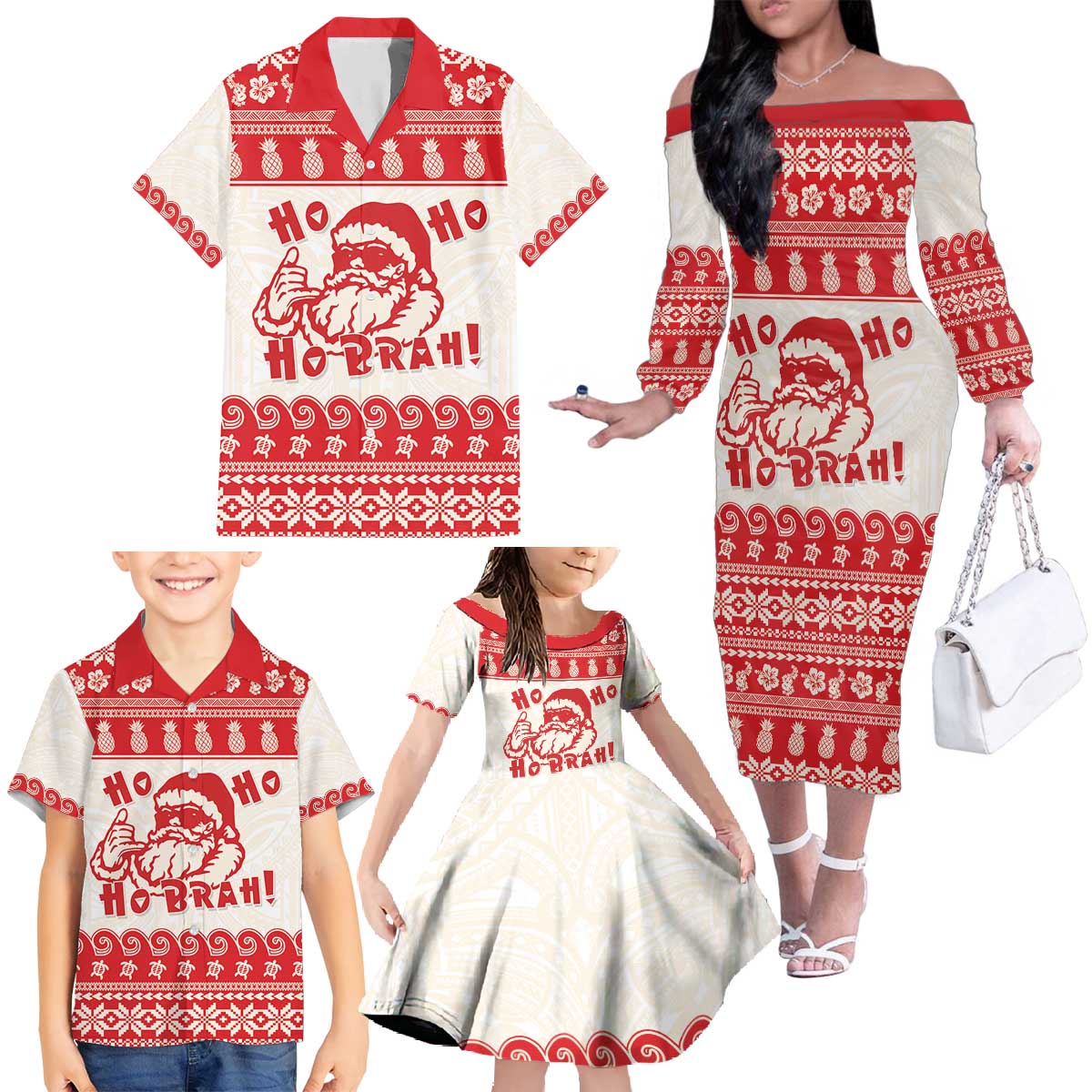 Red Mele Kalikimaka Hawaii Family Matching Off The Shoulder Long Sleeve Dress and Hawaiian Shirt Funny Ho Ho Ho Santa Shaka - Polynesian Pride