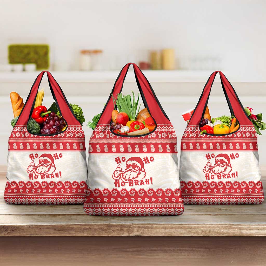 Red Mele Kalikimaka Hawaii Grocery Bag Funny Ho Ho Ho Santa Shaka LT14 3-pack One Size Red - Polynesian Pride