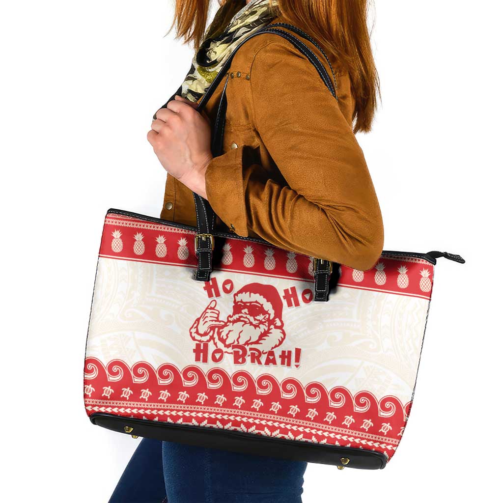 Red Mele Kalikimaka Hawaii Leather Tote Bag Funny Ho Ho Ho Santa Shaka LT14 Red - Polynesian Pride