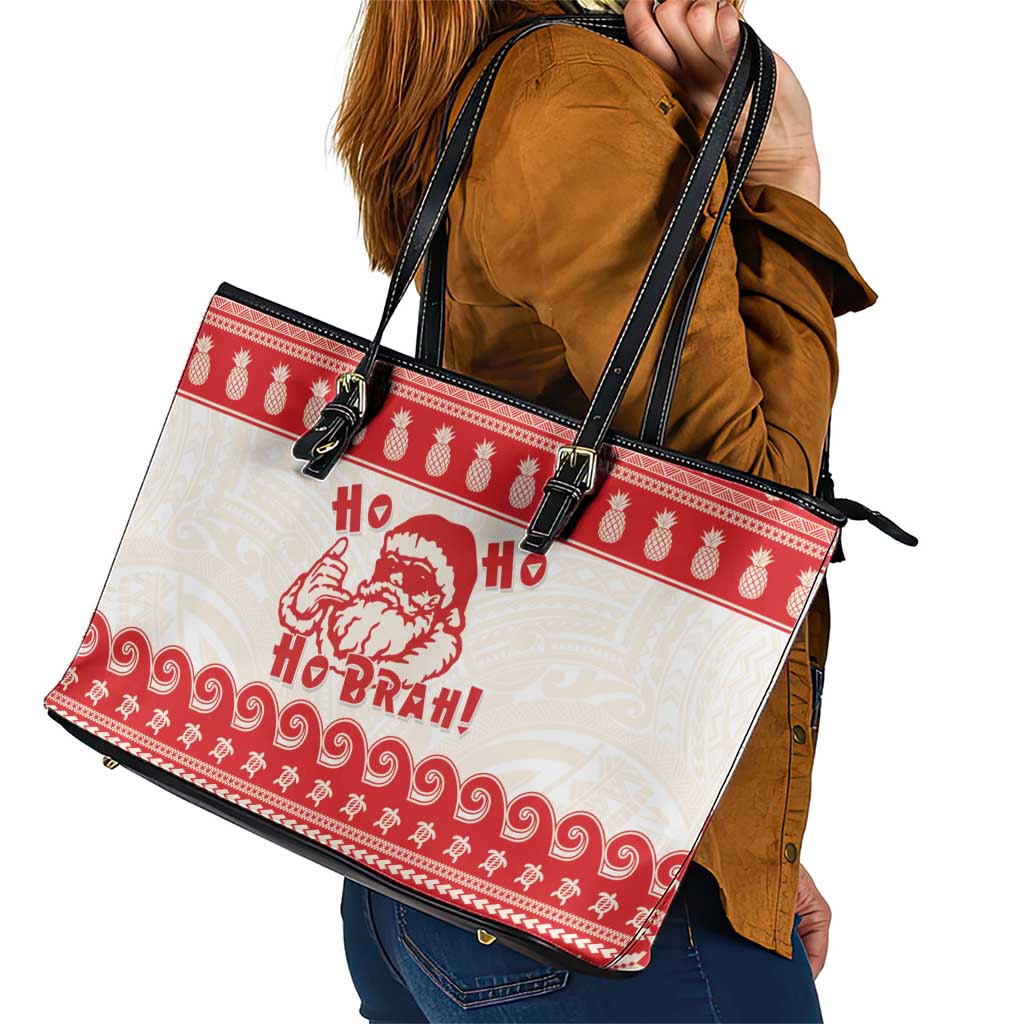 Red Mele Kalikimaka Hawaii Leather Tote Bag Funny Ho Ho Ho Santa Shaka LT14 - Polynesian Pride