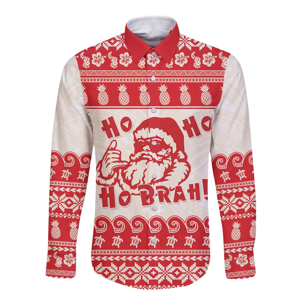 Red Mele Kalikimaka Hawaii Long Sleeve Button Shirt Funny Ho Ho Ho Santa Shaka LT14 Unisex Red - Polynesian Pride