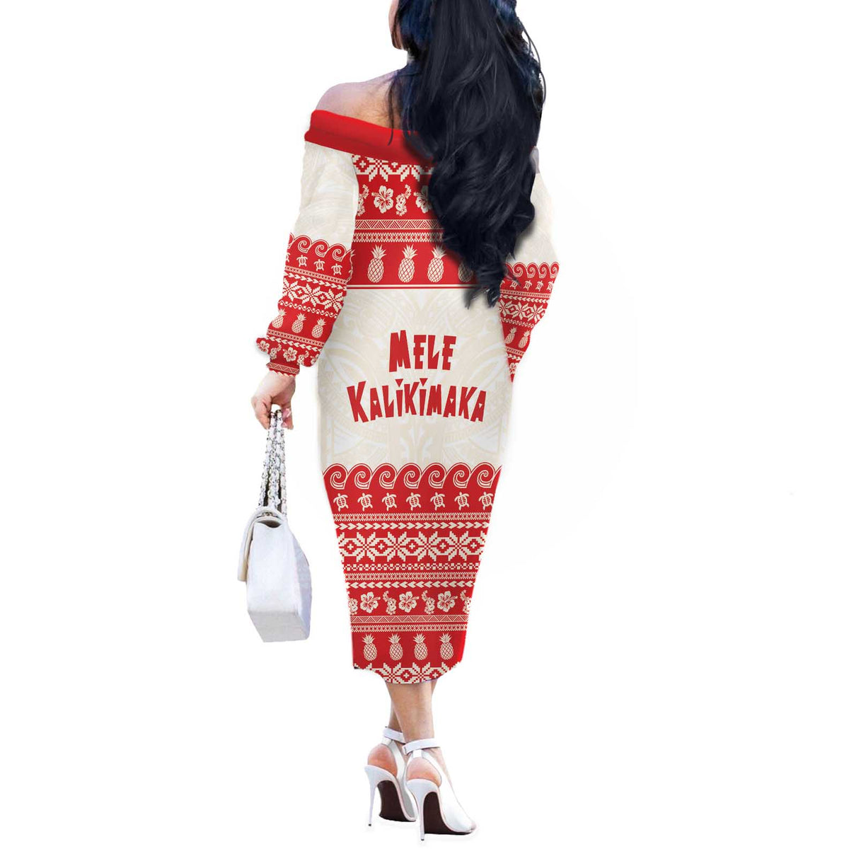 Red Mele Kalikimaka Hawaii Off The Shoulder Long Sleeve Dress Funny Ho Ho Ho Santa Shaka - Polynesian Pride
