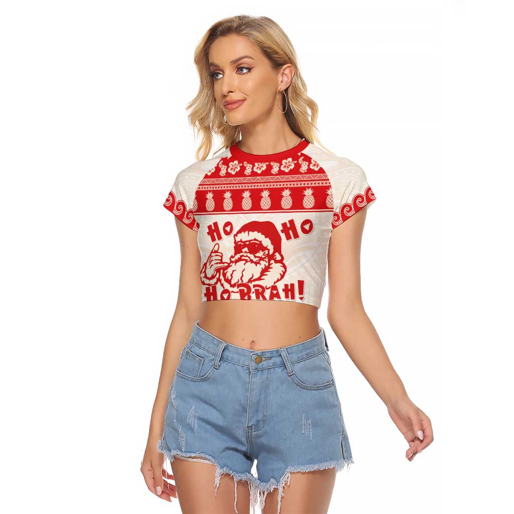 Red Mele Kalikimaka Hawaii Raglan Cropped T Shirt Funny Ho Ho Ho Santa Shaka LT14 Female Red - Polynesian Pride