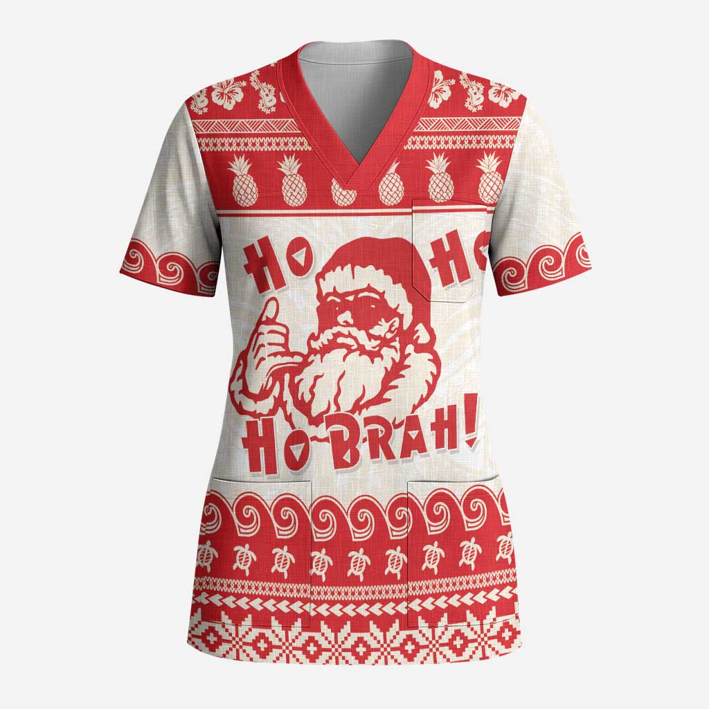 Red Mele Kalikimaka Hawaii Scrub Top Funny Ho Ho Ho Santa Shaka LT14 Adult Red - Polynesian Pride
