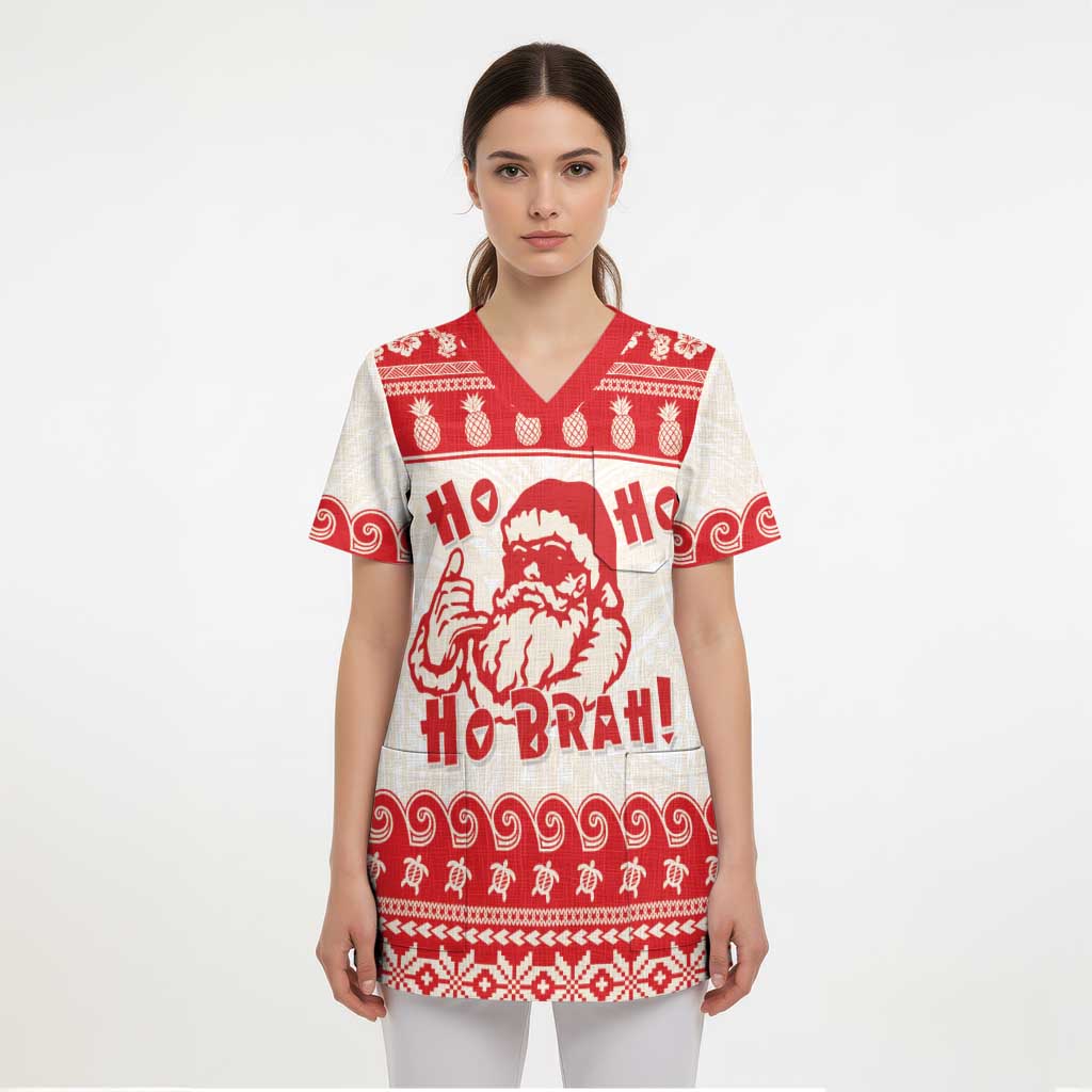 Red Mele Kalikimaka Hawaii Scrub Top Funny Ho Ho Ho Santa Shaka LT14 - Polynesian Pride