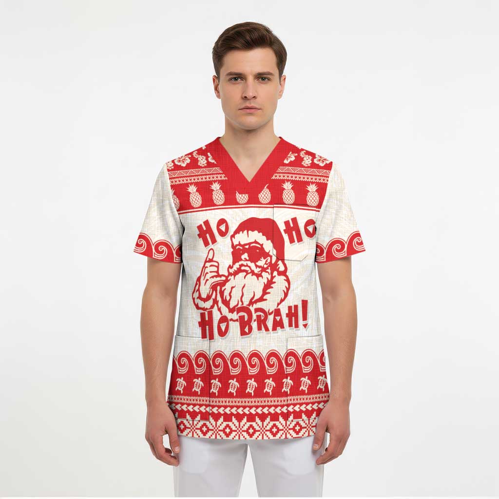 Red Mele Kalikimaka Hawaii Scrub Top Funny Ho Ho Ho Santa Shaka LT14 - Polynesian Pride