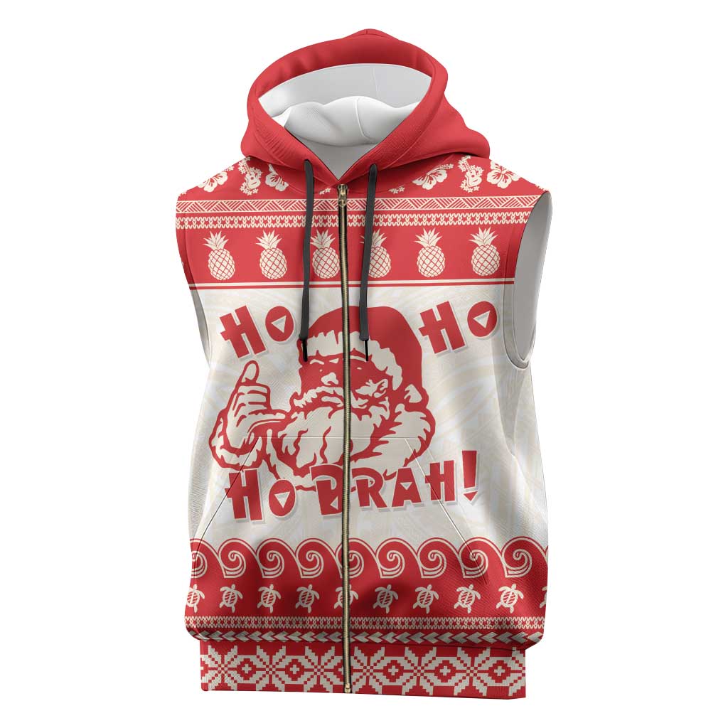 Red Mele Kalikimaka Hawaii Sleeveless Zip Hoodie Funny Ho Ho Ho Santa Shaka - Polynesian Pride