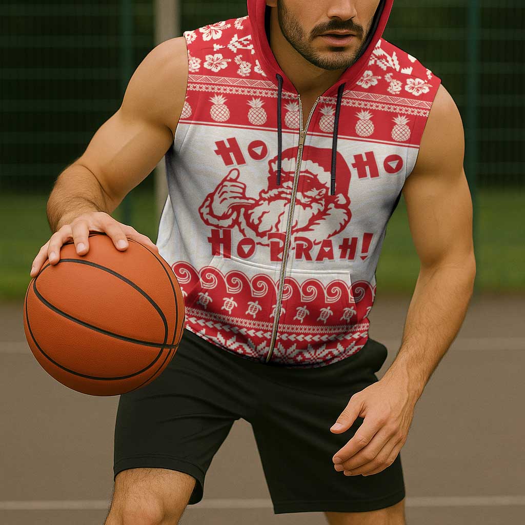 Red Mele Kalikimaka Hawaii Sleeveless Zip Hoodie Funny Ho Ho Ho Santa Shaka - Polynesian Pride