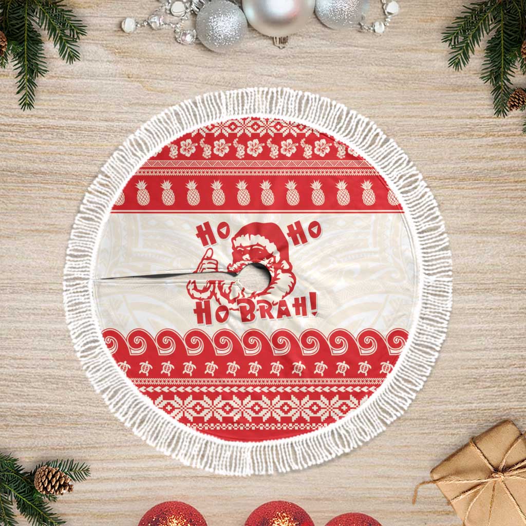 Red Mele Kalikimaka Hawaii Tree Skirt Funny Ho Ho Ho Santa Shaka LT14 Fringed Red - Polynesian Pride