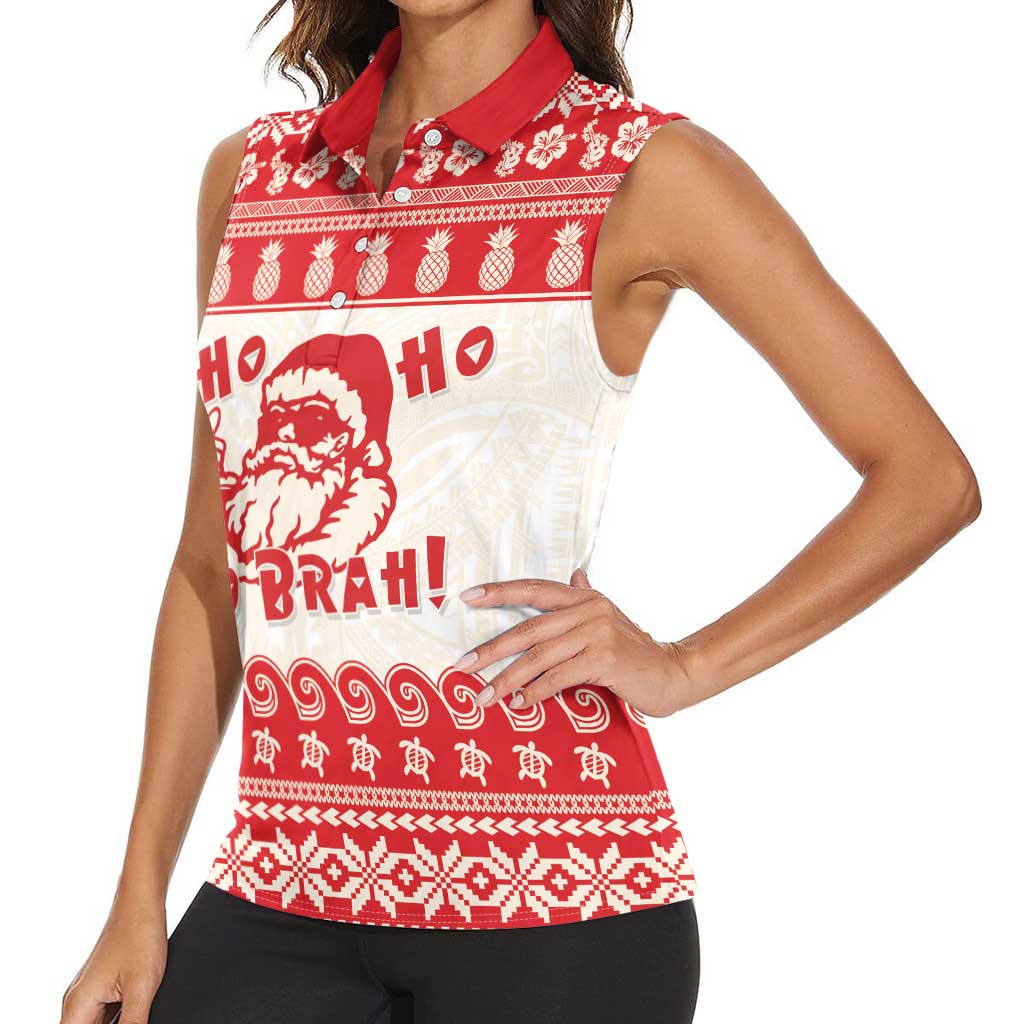Red Mele Kalikimaka Hawaii Women Sleeveless Polo Shirt Funny Ho Ho Ho Santa Shaka - Polynesian Pride