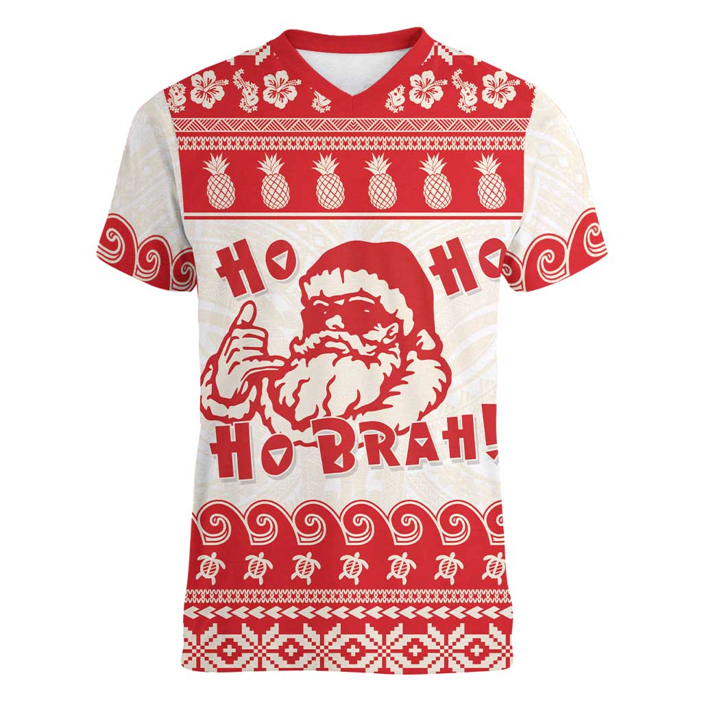 Red Mele Kalikimaka Hawaii Women V-Neck T-Shirt Funny Ho Ho Ho Santa Shaka LT14 Female Red - Polynesian Pride