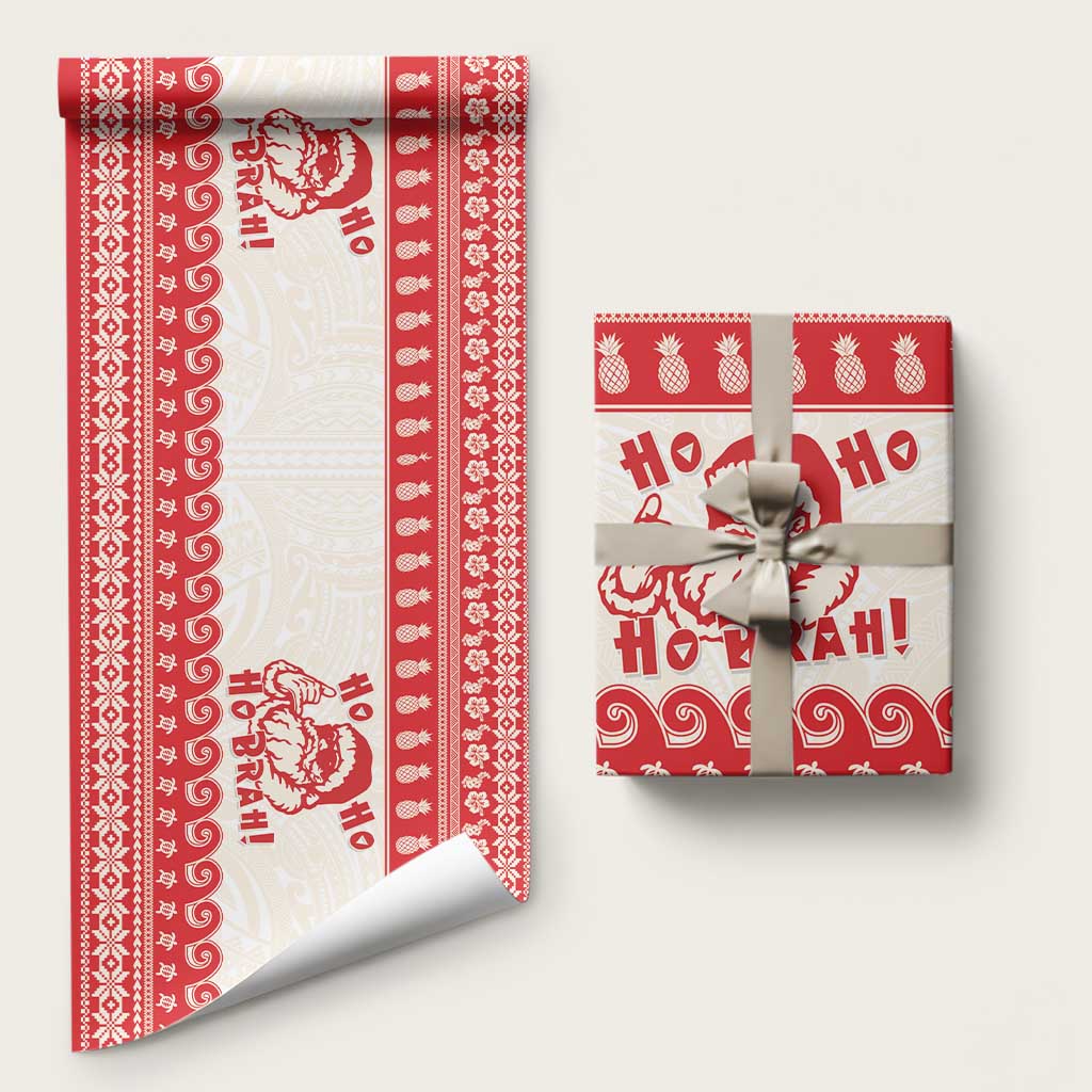 Red Mele Kalikimaka Hawaii Wrapping Paper Funny Ho Ho Ho Santa Shaka LT14 58" × 23" Red - Polynesian Pride