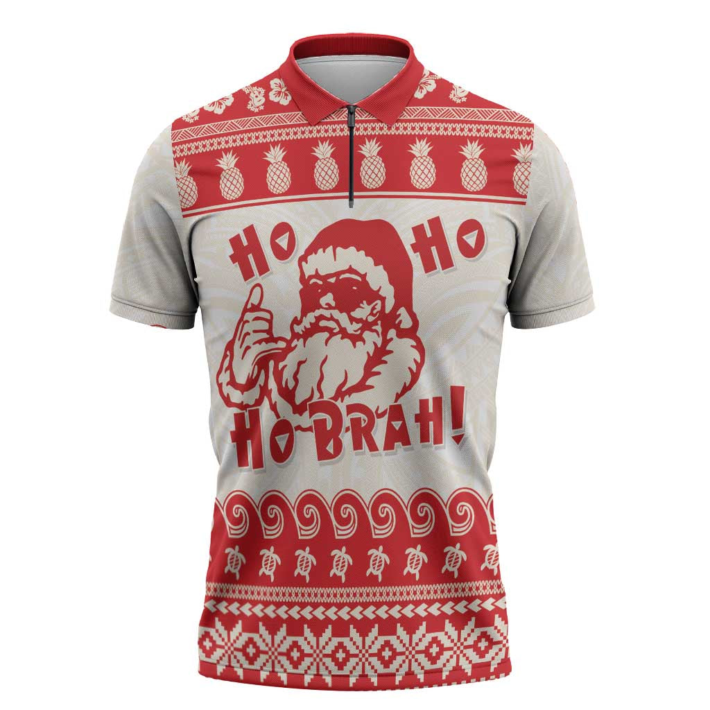 Red Mele Kalikimaka Hawaii Zipper Polo Shirt Funny Ho Ho Ho Santa Shaka - Polynesian Pride