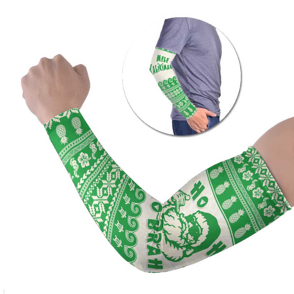 Green Mele Kalikimaka Hawaii Arm Sleeves Funny Ho Ho Ho Santa Shaka LT14 Set of 2 Green - Polynesian Pride