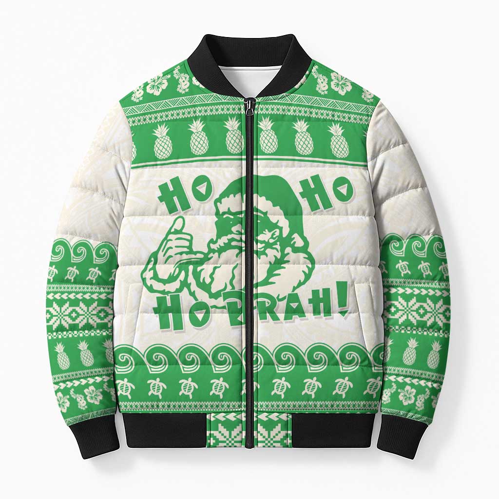Green Mele Kalikimaka Hawaii Bomber Puffer Jacket Funny Ho Ho Ho Santa Shaka LT14 Unisex Green - Polynesian Pride