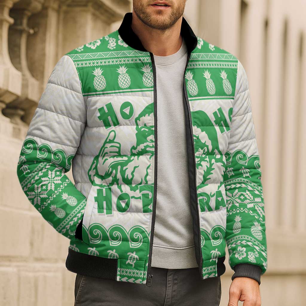Green Mele Kalikimaka Hawaii Bomber Puffer Jacket Funny Ho Ho Ho Santa Shaka LT14 - Polynesian Pride