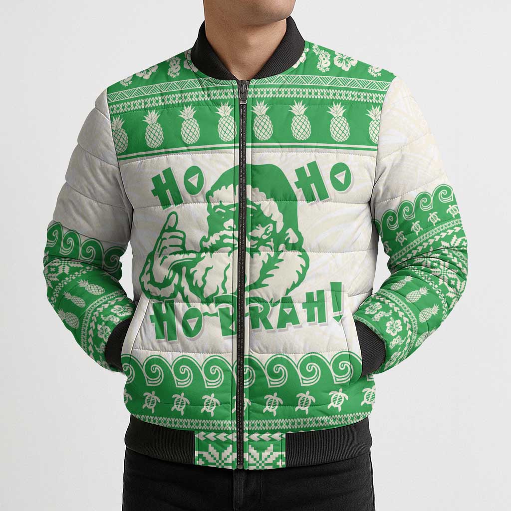 Green Mele Kalikimaka Hawaii Bomber Puffer Jacket Funny Ho Ho Ho Santa Shaka LT14 - Polynesian Pride
