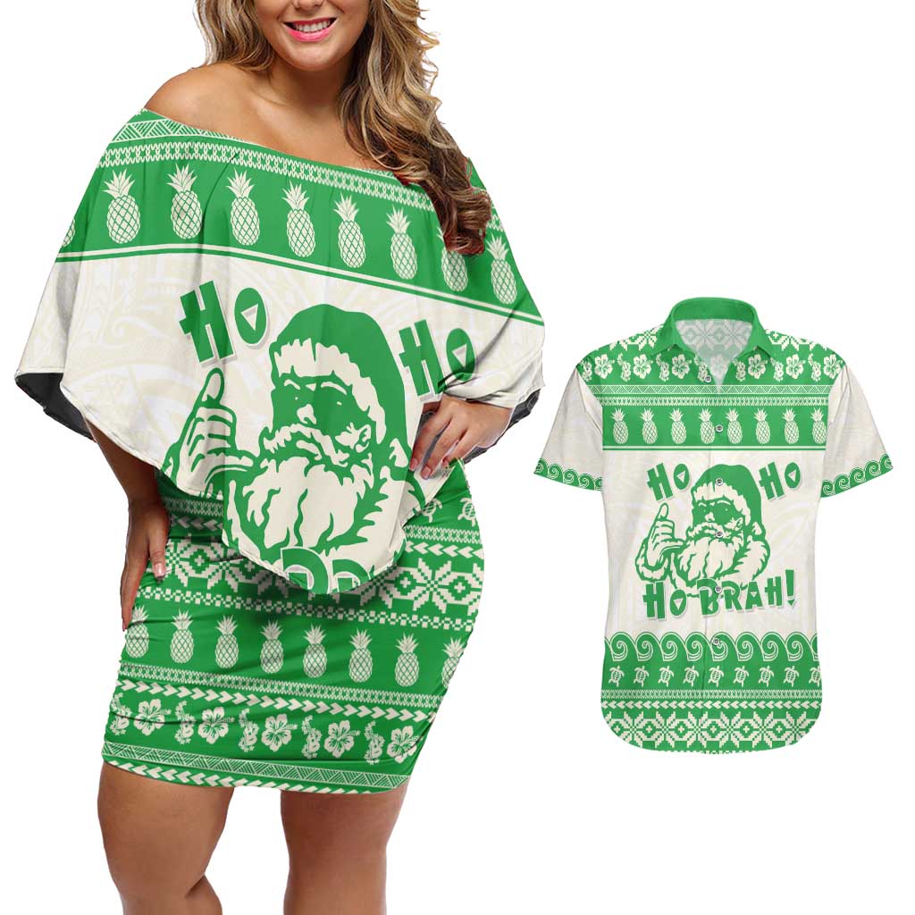 Green Mele Kalikimaka Hawaii Couples Matching Off Shoulder Short Dress and Hawaiian Shirt Funny Ho Ho Ho Santa Shaka - Polynesian Pride
