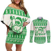 Green Mele Kalikimaka Hawaii Couples Matching Off Shoulder Short Dress and Long Sleeve Button Shirt Funny Ho Ho Ho Santa Shaka - Polynesian Pride