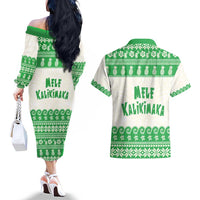 Green Mele Kalikimaka Hawaii Couples Matching Off The Shoulder Long Sleeve Dress and Hawaiian Shirt Funny Ho Ho Ho Santa Shaka - Polynesian Pride