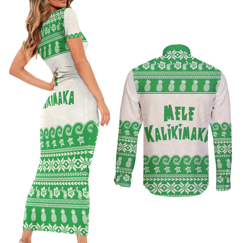 Green Mele Kalikimaka Hawaii Couples Matching Short Sleeve Bodycon Dress and Long Sleeve Button Shirt Funny Ho Ho Ho Santa Shaka - Polynesian Pride