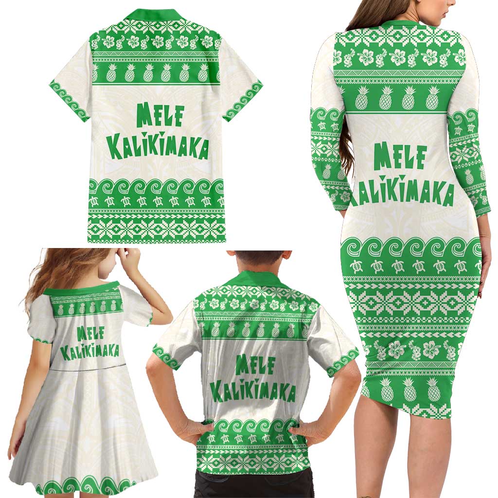 Green Mele Kalikimaka Hawaii Family Matching Long Sleeve Bodycon Dress and Hawaiian Shirt Funny Ho Ho Ho Santa Shaka - Polynesian Pride