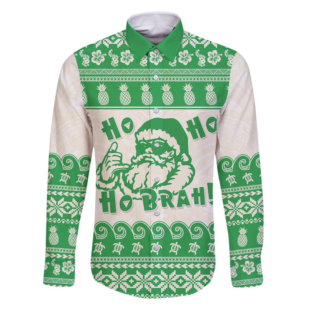 Green Mele Kalikimaka Hawaii Family Matching Long Sleeve Bodycon Dress and Hawaiian Shirt Funny Ho Ho Ho Santa Shaka - Polynesian Pride