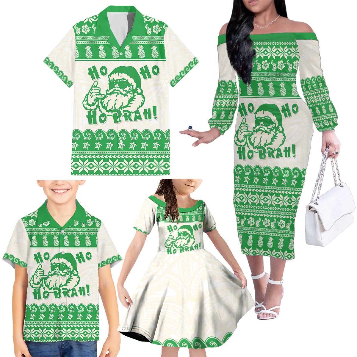Green Mele Kalikimaka Hawaii Family Matching Off The Shoulder Long Sleeve Dress and Hawaiian Shirt Funny Ho Ho Ho Santa Shaka - Polynesian Pride