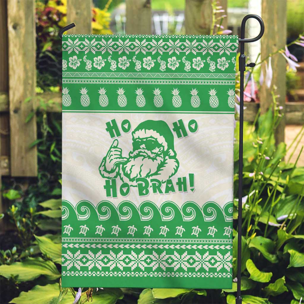 Green Mele Kalikimaka Hawaii Garden Flag Funny Ho Ho Ho Santa Shaka - Polynesian Pride