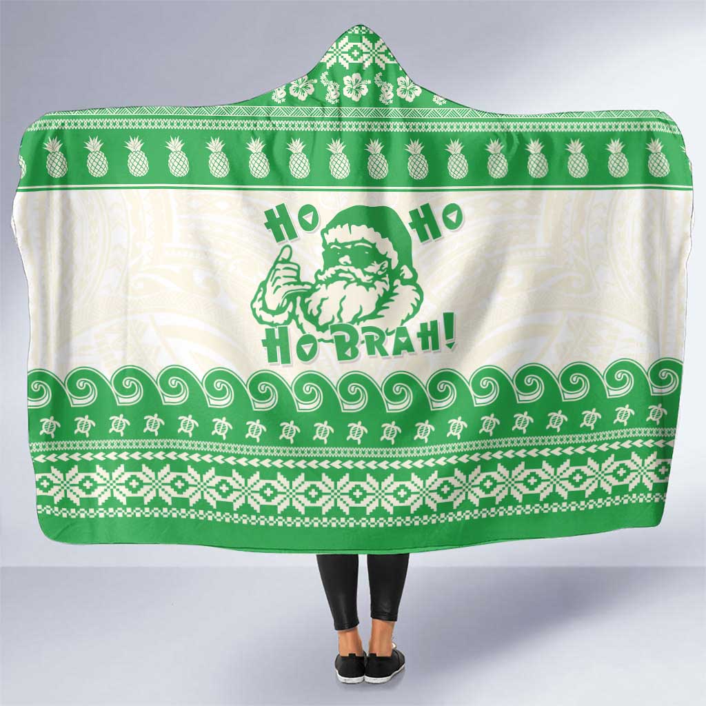 Green Mele Kalikimaka Hawaii Hooded Blanket Funny Ho Ho Ho Santa Shaka LT14 One Size Green - Polynesian Pride