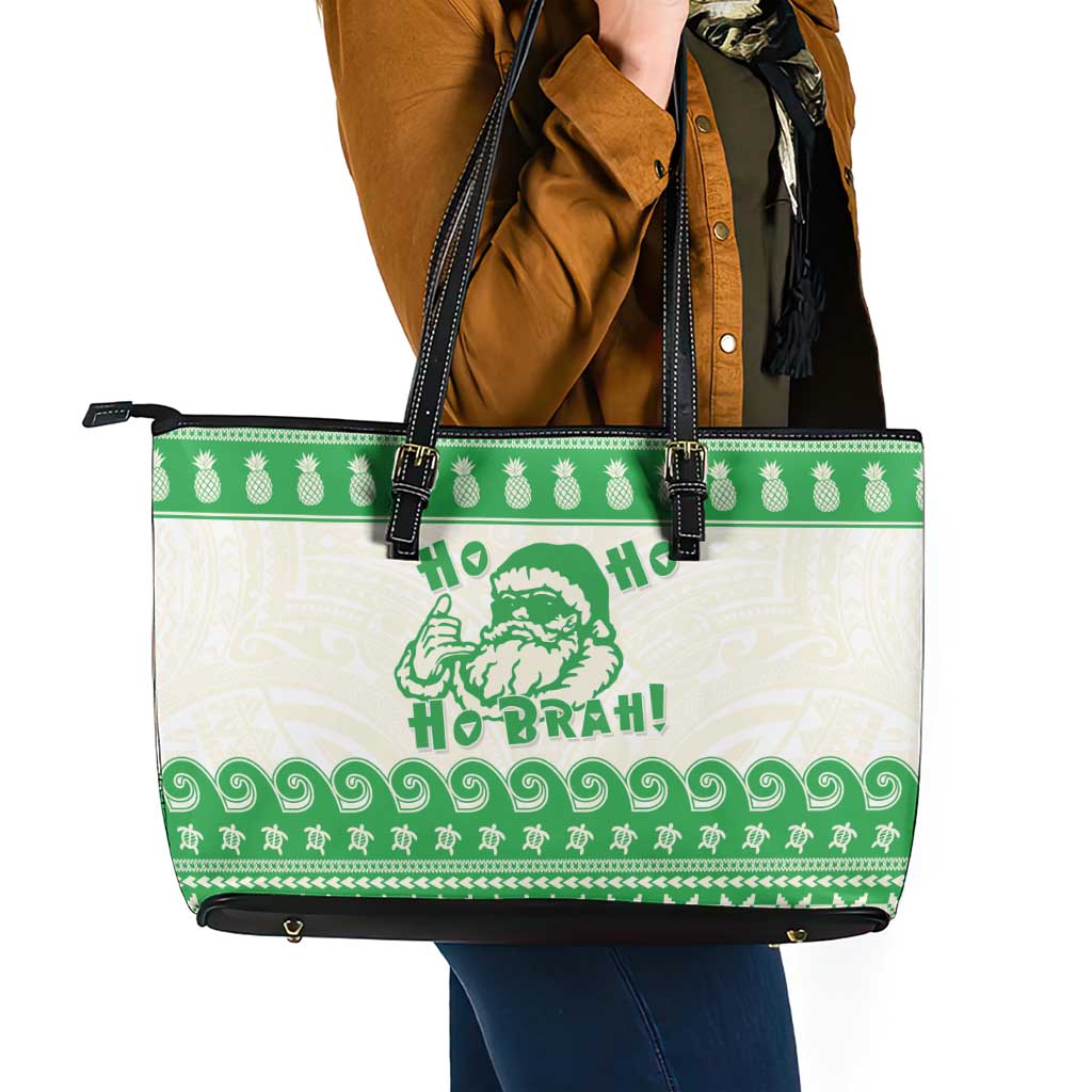 Green Mele Kalikimaka Hawaii Leather Tote Bag Funny Ho Ho Ho Santa Shaka LT14 - Polynesian Pride