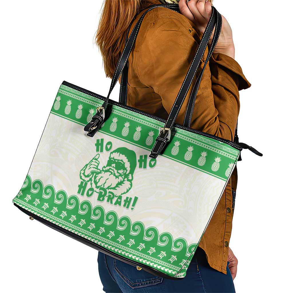 Green Mele Kalikimaka Hawaii Leather Tote Bag Funny Ho Ho Ho Santa Shaka LT14 - Polynesian Pride