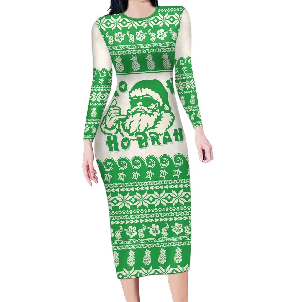 Green Mele Kalikimaka Hawaii Long Sleeve Bodycon Dress Funny Ho Ho Ho Santa Shaka - Polynesian Pride