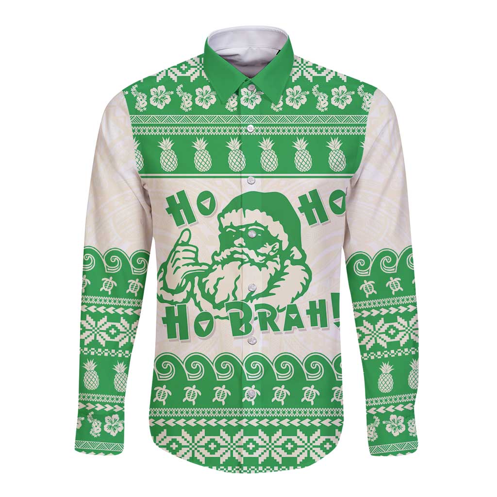 Green Mele Kalikimaka Hawaii Long Sleeve Button Shirt Funny Ho Ho Ho Santa Shaka LT14 Unisex Green - Polynesian Pride