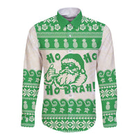 Green Mele Kalikimaka Hawaii Long Sleeve Button Shirt Funny Ho Ho Ho Santa Shaka LT14 Unisex Green - Polynesian Pride