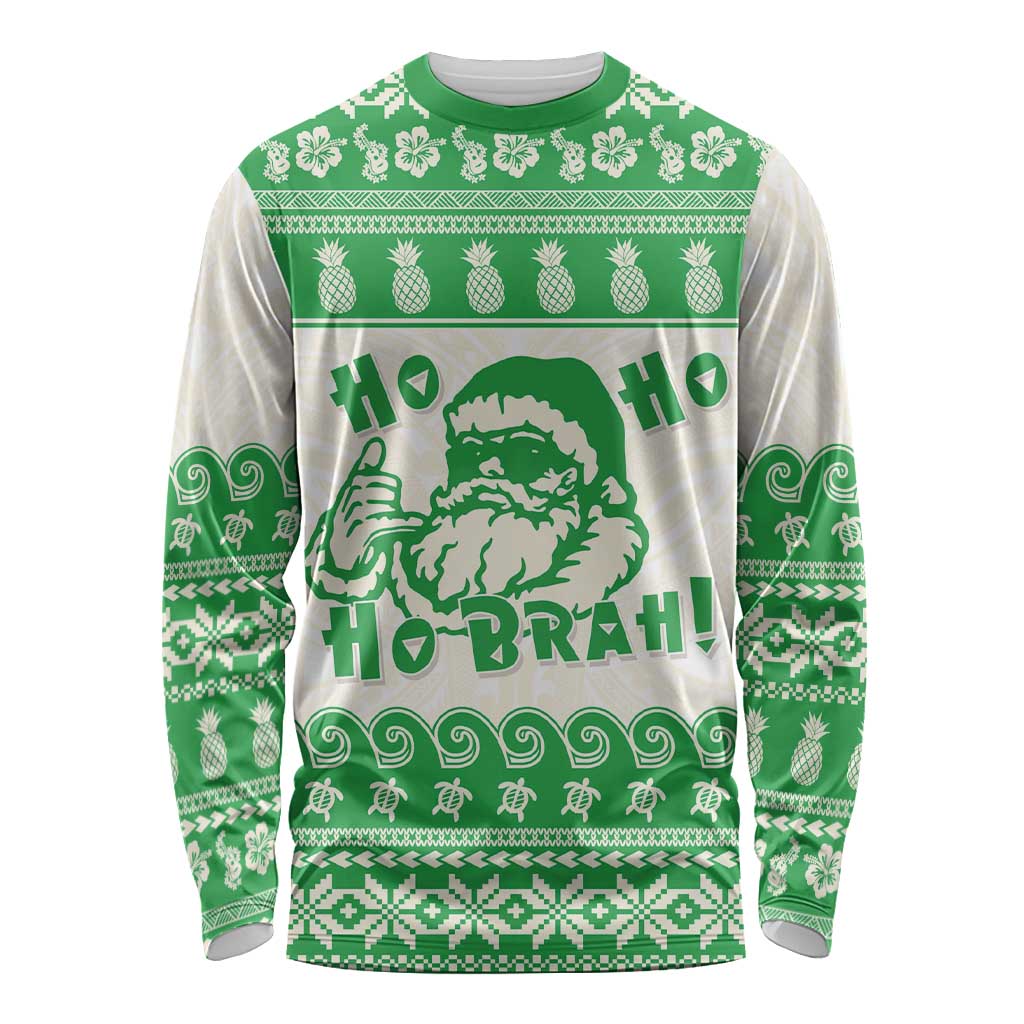 Green Mele Kalikimaka Hawaii Long Sleeve Shirt Funny Ho Ho Ho Santa Shaka LT14 Unisex Green - Polynesian Pride