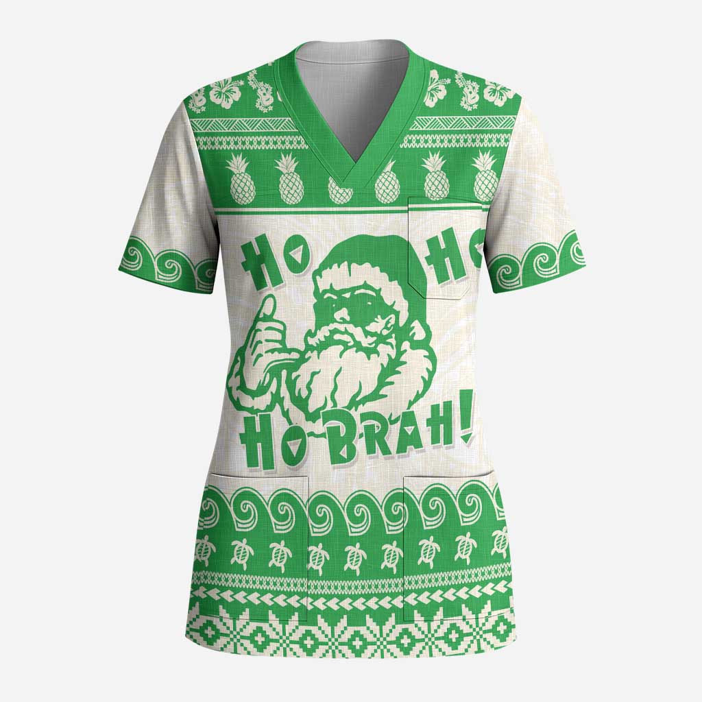 Green Mele Kalikimaka Hawaii Scrub Top Funny Ho Ho Ho Santa Shaka LT14 Adult Green - Polynesian Pride