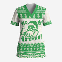 Green Mele Kalikimaka Hawaii Scrub Top Funny Ho Ho Ho Santa Shaka LT14 Adult Green - Polynesian Pride
