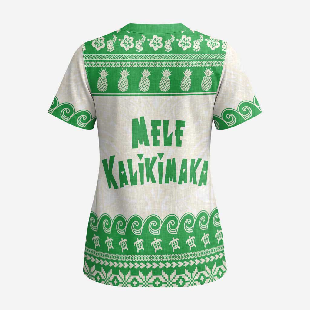 Green Mele Kalikimaka Hawaii Scrub Top Funny Ho Ho Ho Santa Shaka LT14 - Polynesian Pride