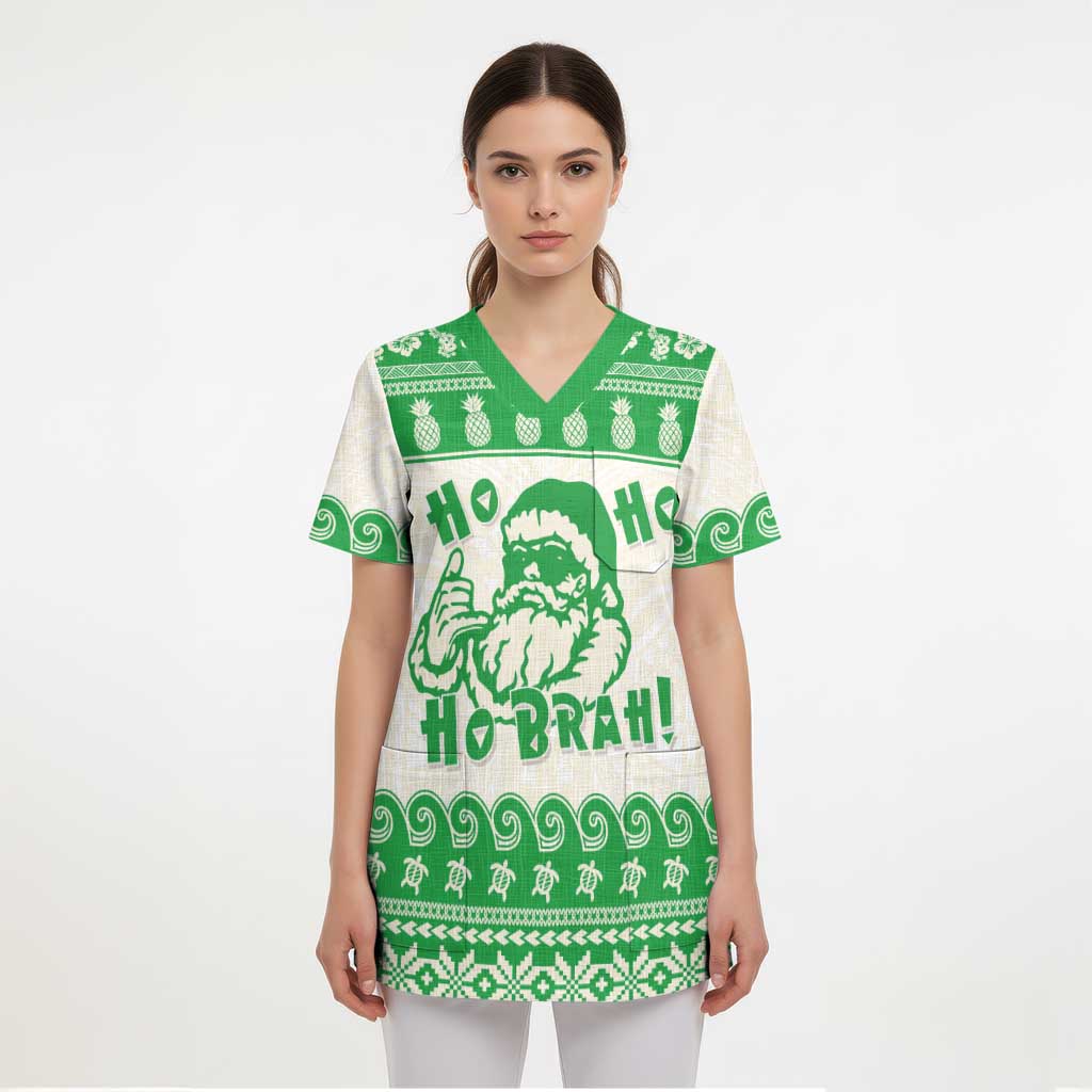 Green Mele Kalikimaka Hawaii Scrub Top Funny Ho Ho Ho Santa Shaka LT14 - Polynesian Pride