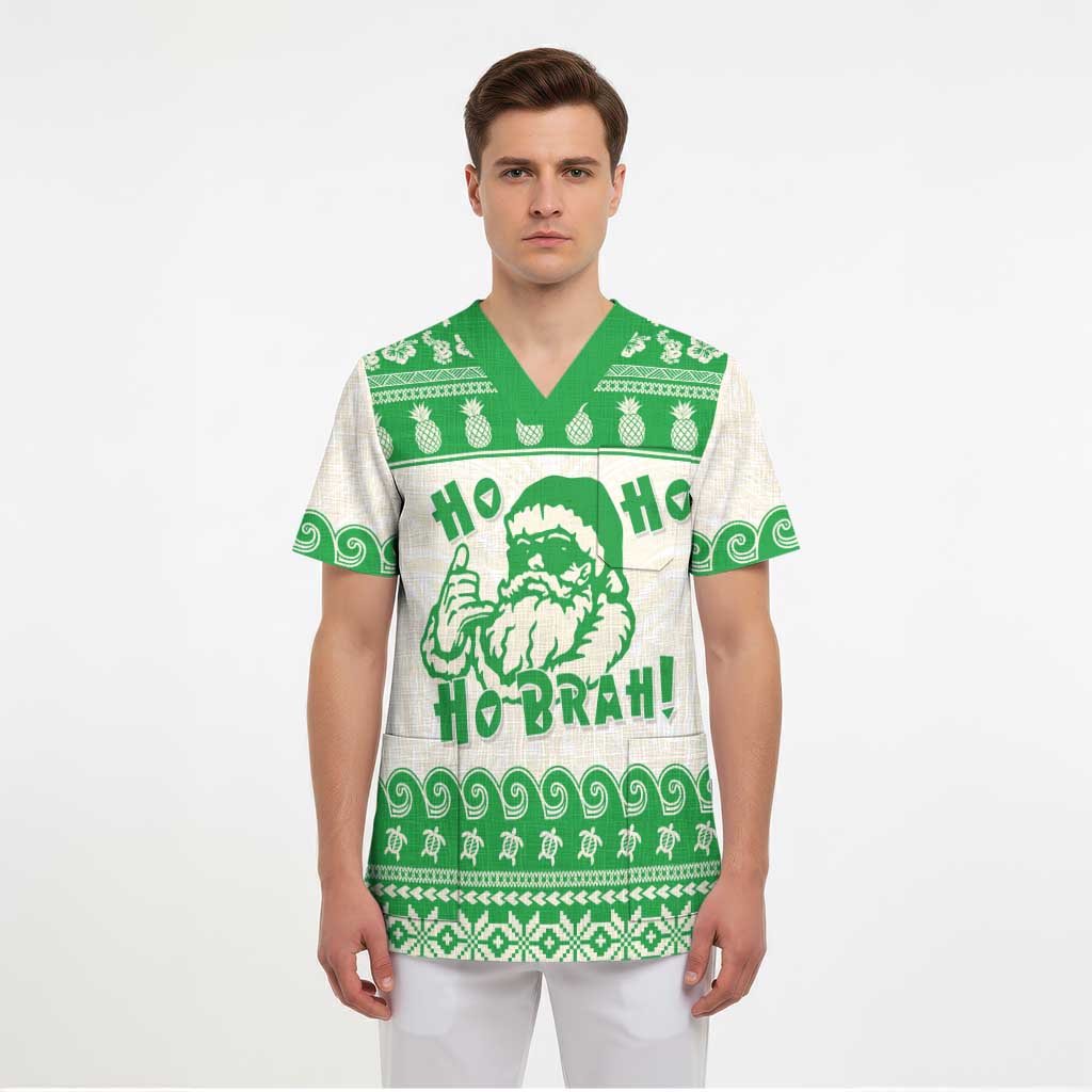 Green Mele Kalikimaka Hawaii Scrub Top Funny Ho Ho Ho Santa Shaka LT14 - Polynesian Pride