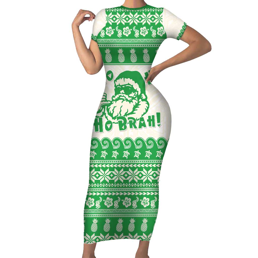 Green Mele Kalikimaka Hawaii Short Sleeve Bodycon Dress Funny Ho Ho Ho Santa Shaka - Polynesian Pride