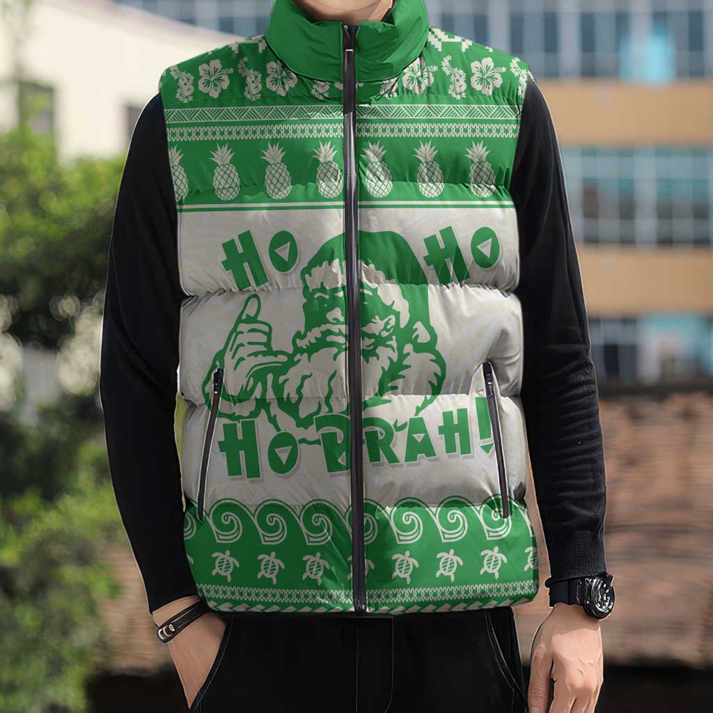 Green Mele Kalikimaka Hawaii Sleeveless Puffer Jacket Funny Ho Ho Ho Santa Shaka LT14 - Polynesian Pride