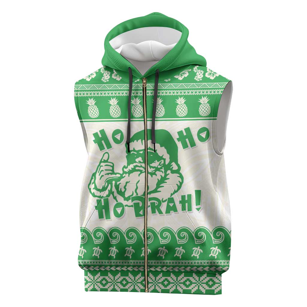Green Mele Kalikimaka Hawaii Sleeveless Zip Hoodie Funny Ho Ho Ho Santa Shaka - Polynesian Pride