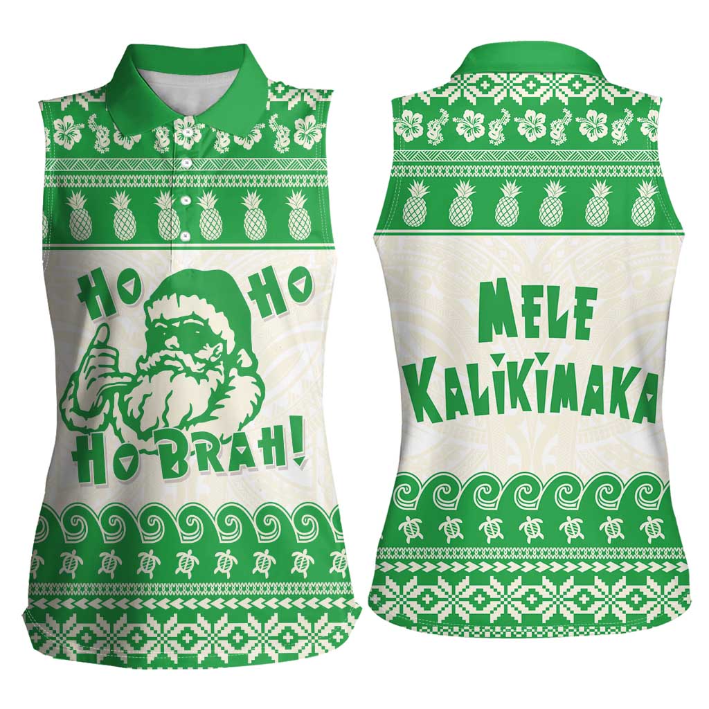 Green Mele Kalikimaka Hawaii Women Sleeveless Polo Shirt Funny Ho Ho Ho Santa Shaka - Polynesian Pride