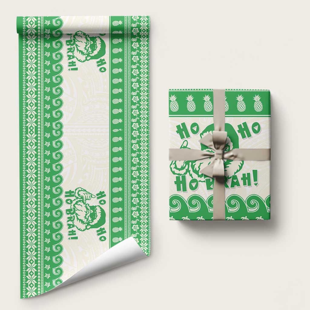Green Mele Kalikimaka Hawaii Wrapping Paper Funny Ho Ho Ho Santa Shaka LT14 58" × 23" Green - Polynesian Pride