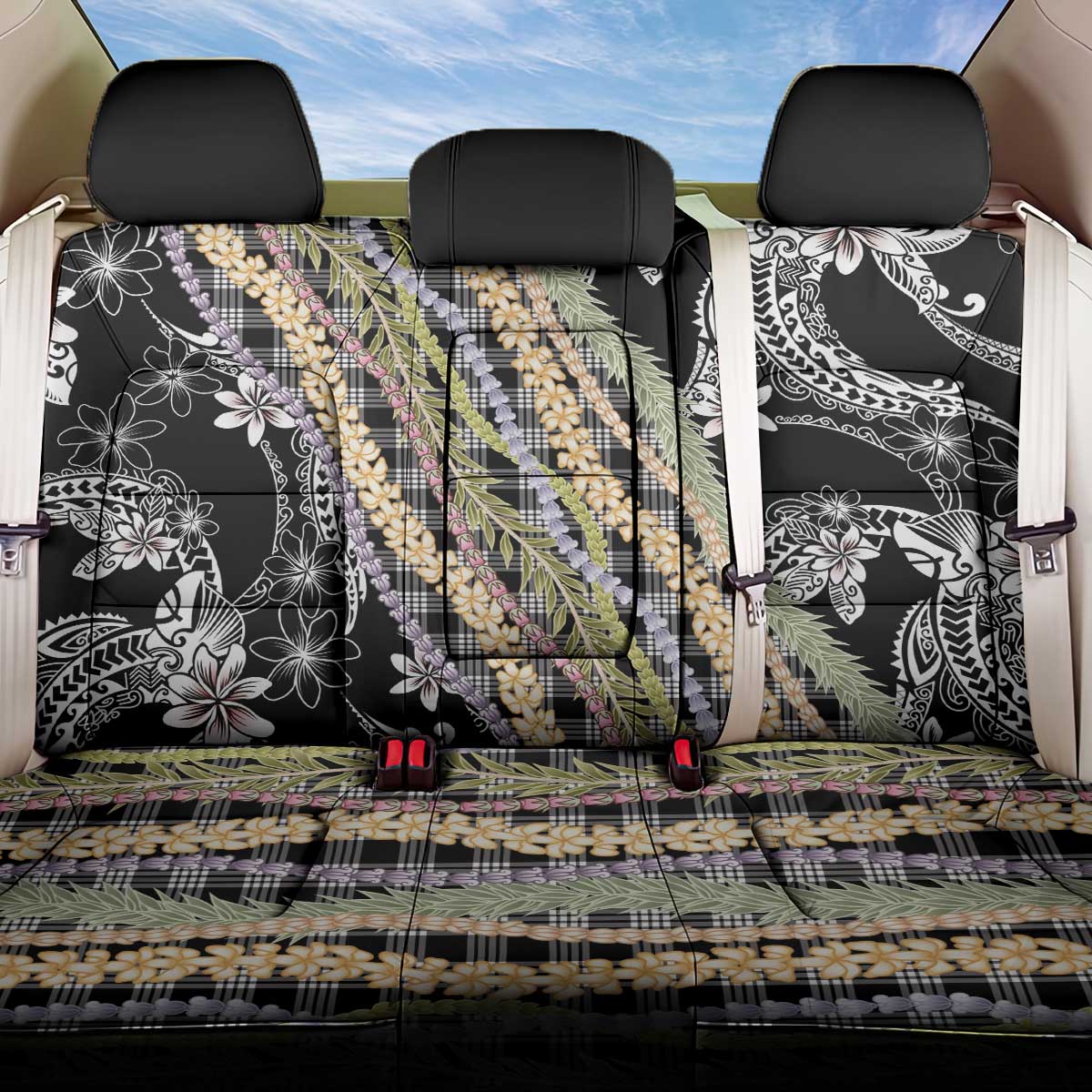 Black Palaka Hawaii Leis Back Car Seat Cover Hawaiian-plaid Elegant Tropical Vibes - Polynesian Pride