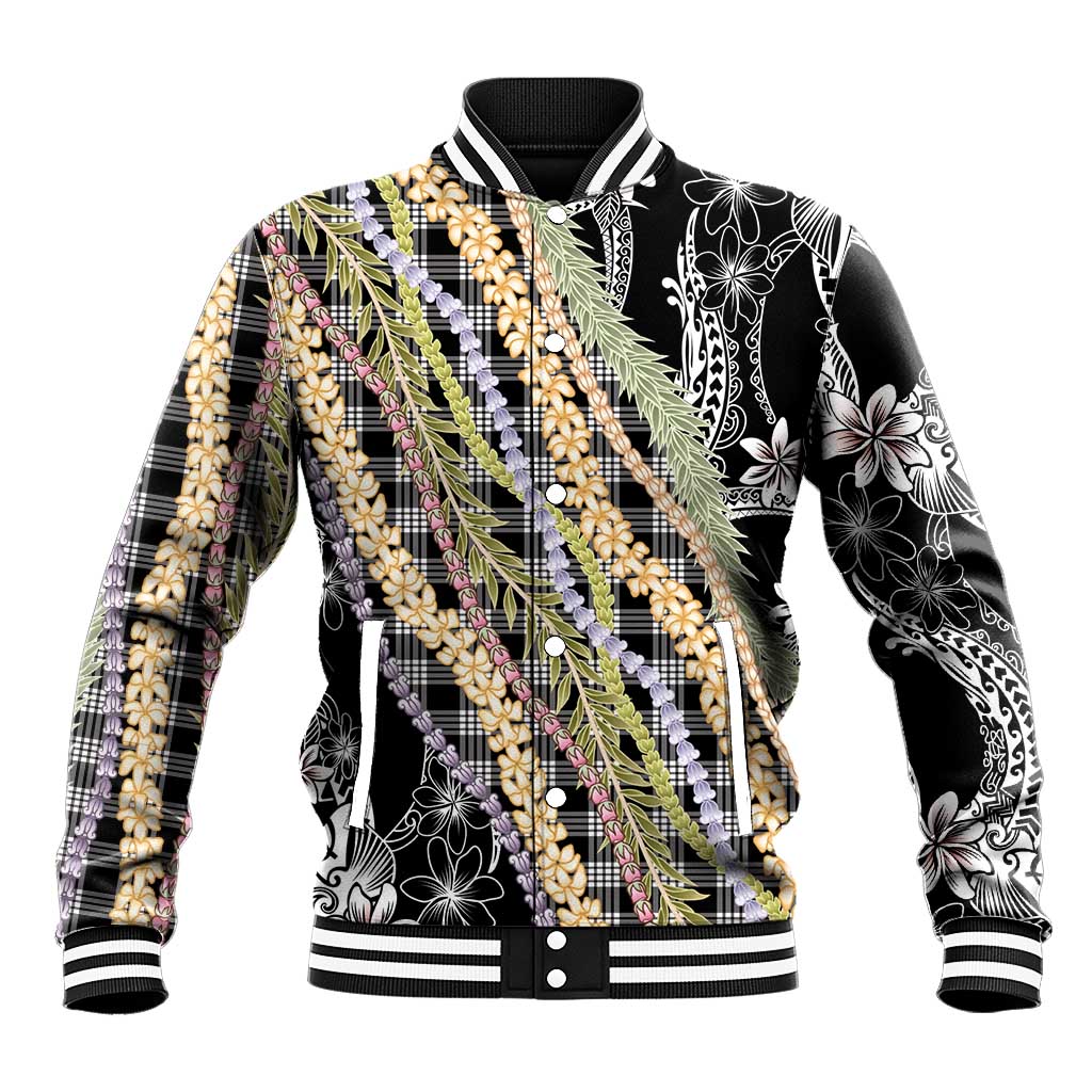Black Palaka Hawaii Leis Baseball Jacket Hawaiian-plaid Elegant Tropical Vibes LT14 Unisex Black - Polynesian Pride