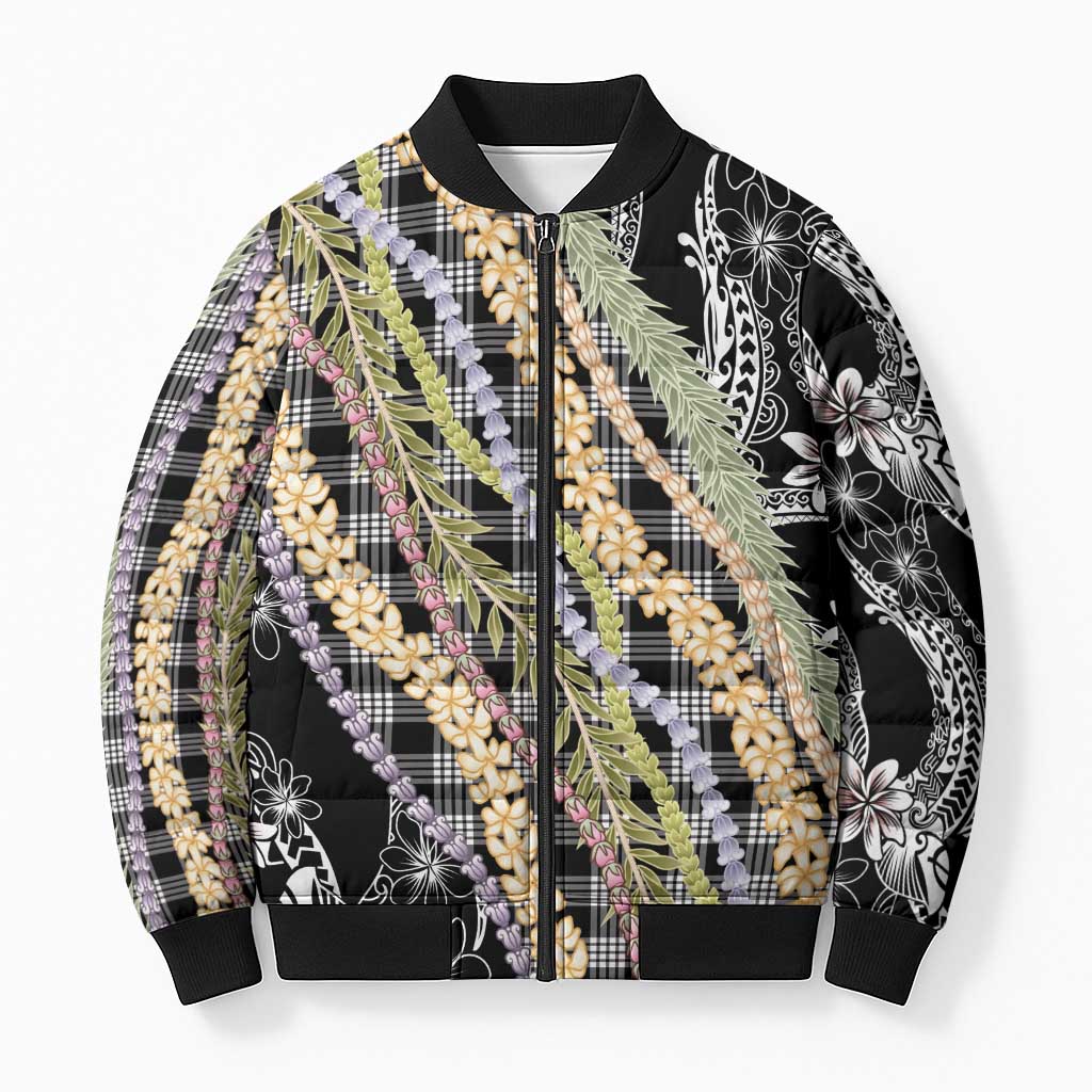Black Palaka Hawaii Leis Bomber Puffer Jacket Hawaiian-plaid Elegant Tropical Vibes LT14 Unisex Black - Polynesian Pride
